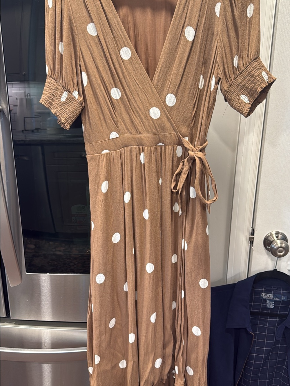 Maeve by Anthropologie Polka Dot Tie-Waist Midi Dress in Tan with White Dots - Picture 3 of 3